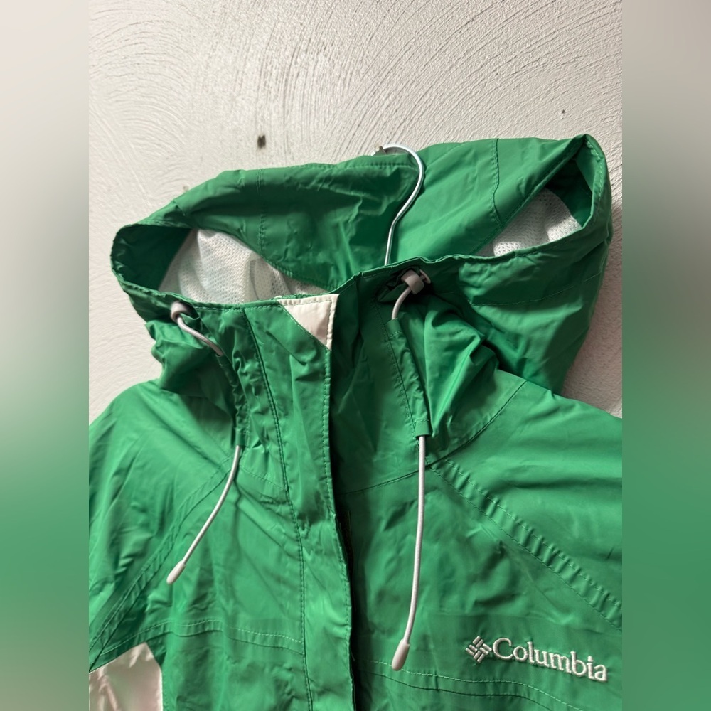 Columbia Green & White Hooded Windbreaker Rain Jacket Lightweight - Picture 3 of 8